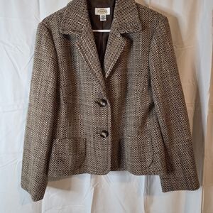 Talbots Women's Brown Houndstooth Wool Blend Blazer Pockets Cropped Size 14
